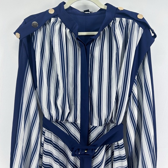 Karen Millen Blue White Military Striped Long Sleeve Midi Dress NWT